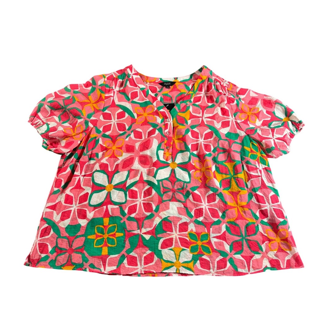 slim factor by investments Pink Floral Geometric Rayon‎ Nylon Blouse 3X